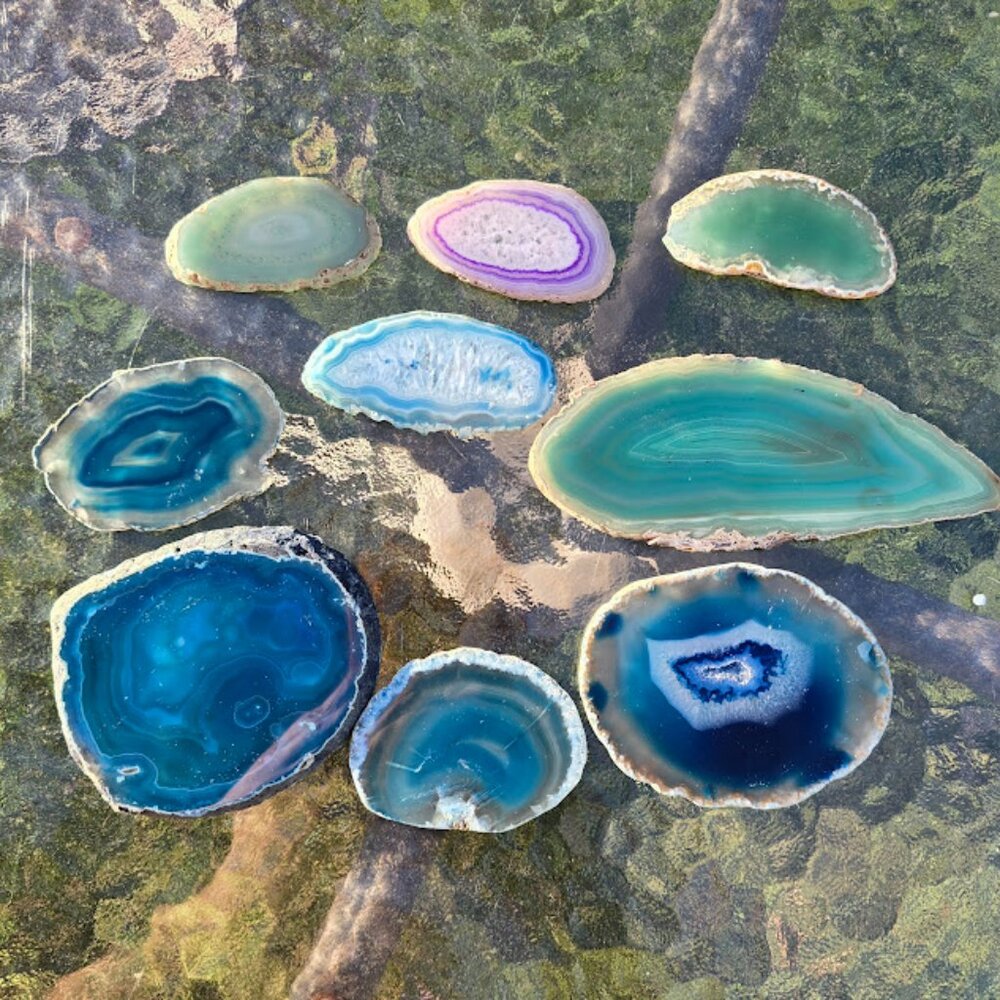 9 Geode Slice Bundle - Blue, Purple, Green - Size variety Small to Large
